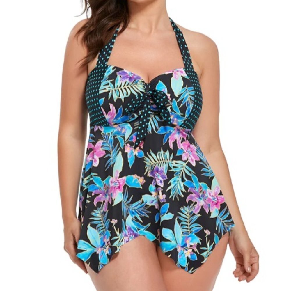 Neon Tropical Print Handkerchief Halter Tankini, Size 22